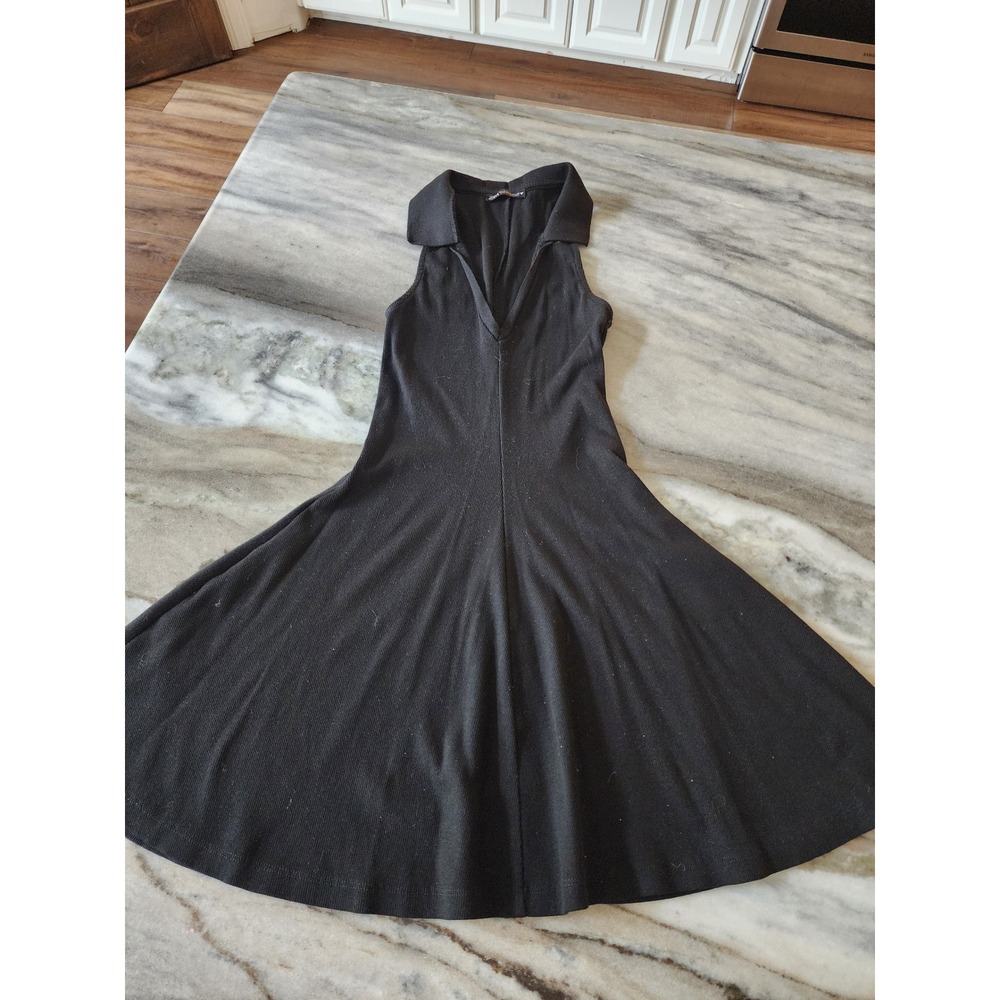 Zara Womens Black Ribbed Sleeveless Polo Mini Skater Dress Size S Collared Neck